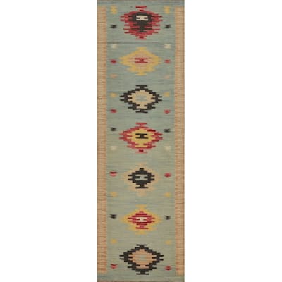 Hand Woven Oriental 100% Wool Carpet Southwestern Tribal Navy Blue & Blues Kilim Runner Rug - 8' 1'' X 2' 0''