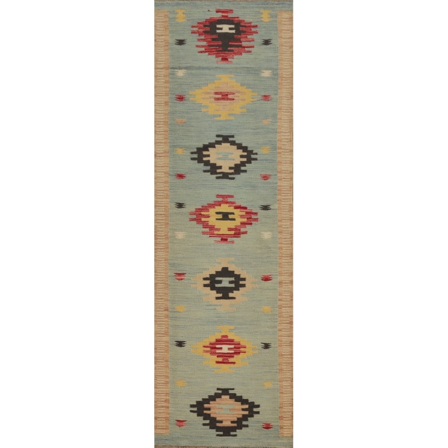 Hand Woven Oriental 100% Wool Carpet Southwestern Tribal Navy Blue & Blues Kilim Runner Rug - 8' 1'' X 2' 0''