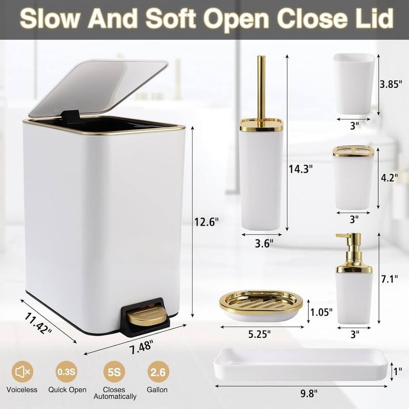 8-piece bathroom set with stainless steel trash can, toilet brush, toothbrush set, soap dispenser
