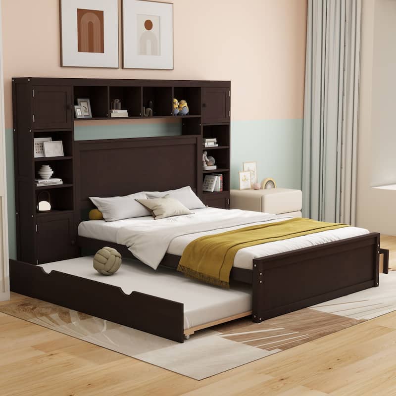 Modern Platform Bed with Integrated Cabinet and Drawers