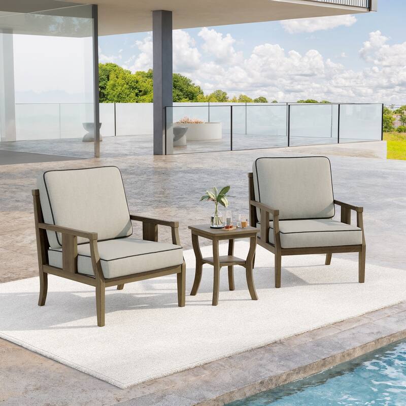3-Piece Teak Wood Outdoor Armchair Set with Side Table, Cushions, Patio Seating Sets