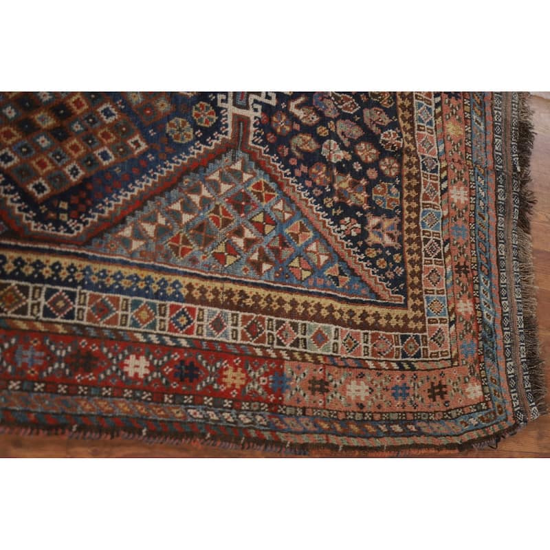 Pre-1900 Antique Blue Qashqai Persian Area Rug Handmade Wool Carpet - 5'1"x 7'8"