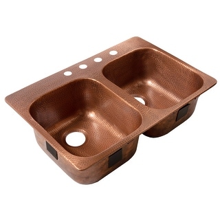 Santi Copper 33" Double Bowl Drop-In Kitchen Sink with 4 Holes - Right