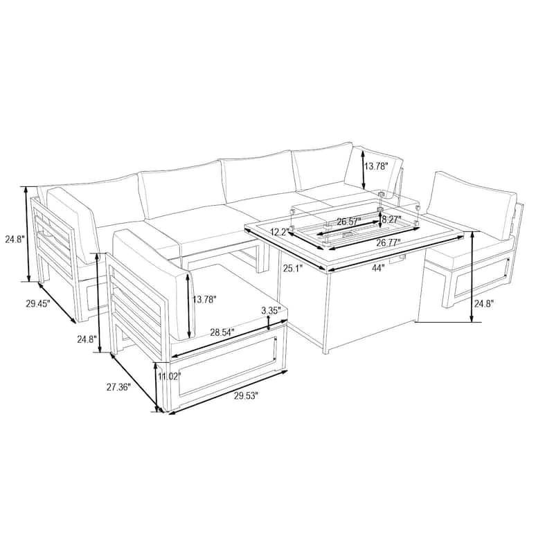 Outdoor 7-Piece Patio Sectional Set Aluminum Frame W/ Fire Pit Table