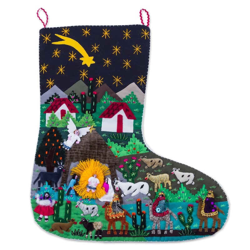 Handmade Village Nativity Applique Christmas stocking (Peru) - 31 x 20 x 4