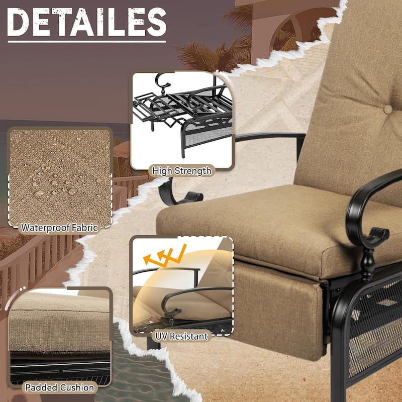 2 Piece Outdoor Metal Patio Adjustable Recliner Lounge Chairs with Retractable Steel Frame and Removable Thick Cushion