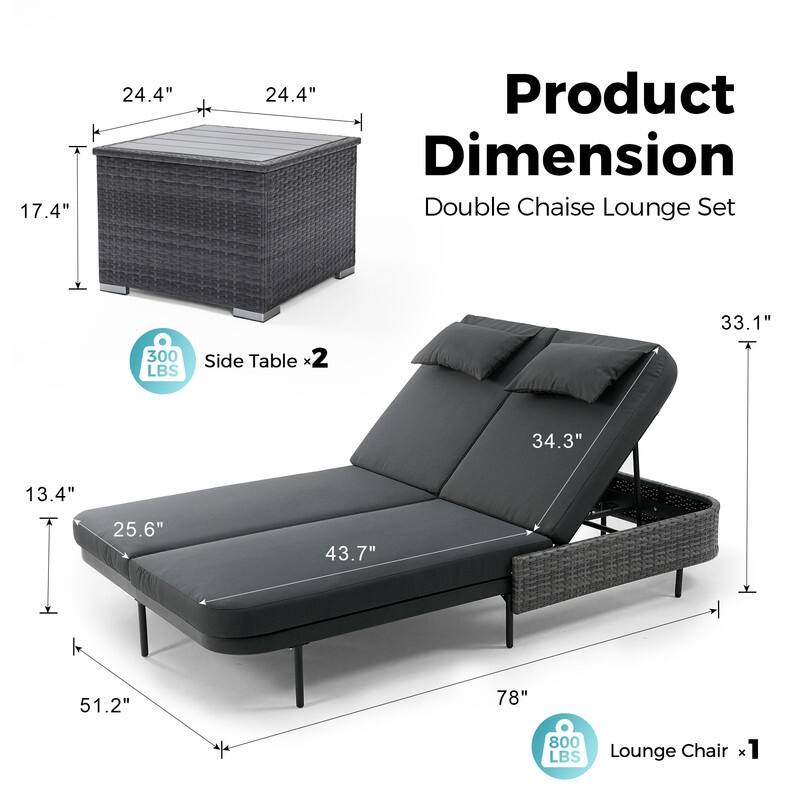 2-Person Outdoor Double Chaise Lounge with 2 Side Tables, Wicker Patio Reclining Daybed, Adjustable Backrests, 800 lb Capacity
