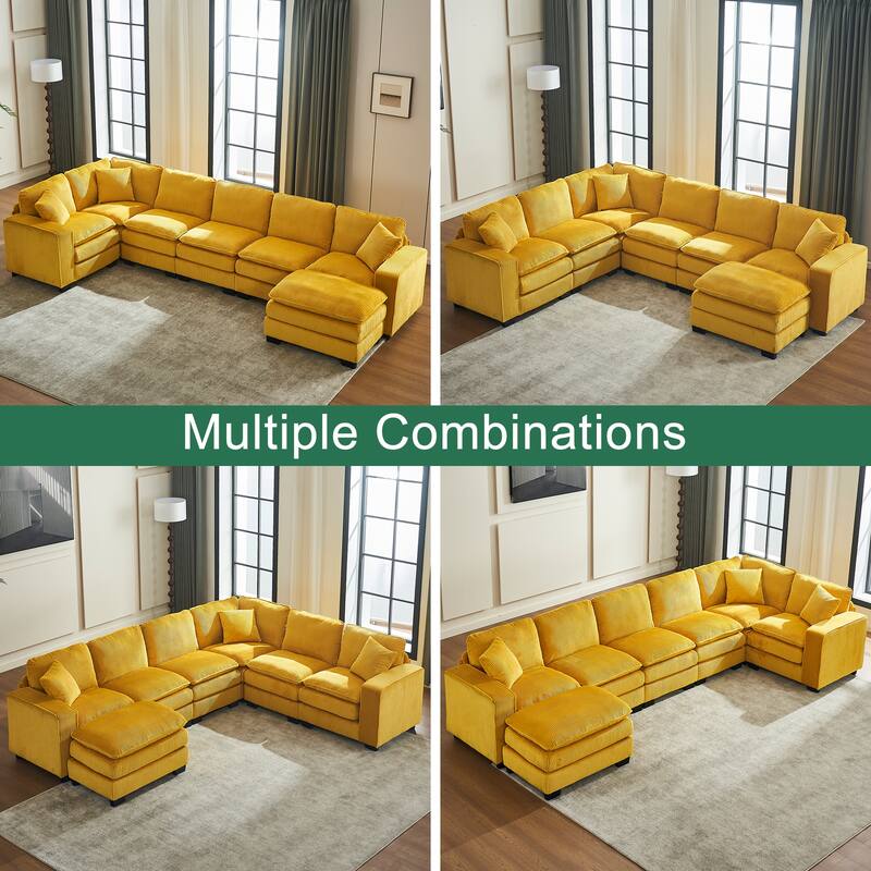 Modular Sectional Sofa for Living Room, U Shaped Sofa Couch with Ottoman and Three Toss Pillows, Corduroy Fabric Sofa Set