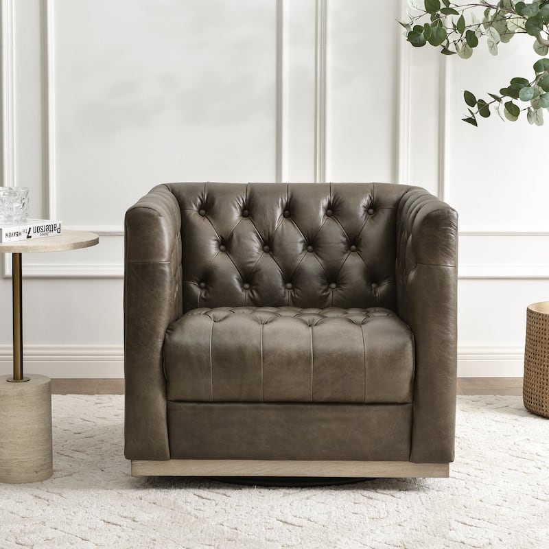 KINWELL 100% Genuine Leather Square Swivel Barrel Accent Chair
