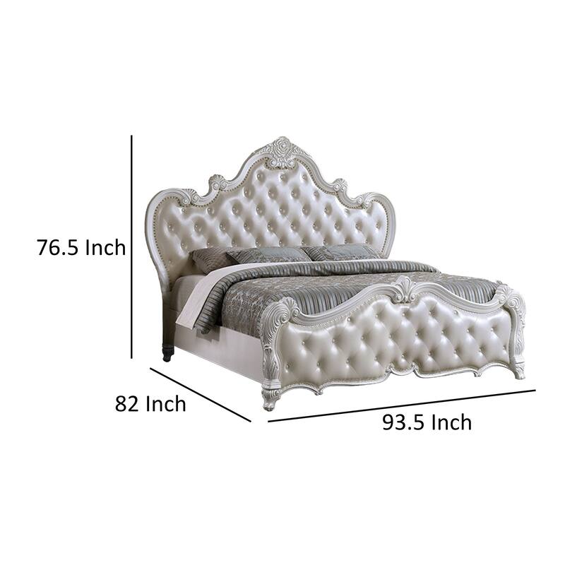 Venta King Size Bed, Pearl White Button Tufted Faux Leather Upholstery