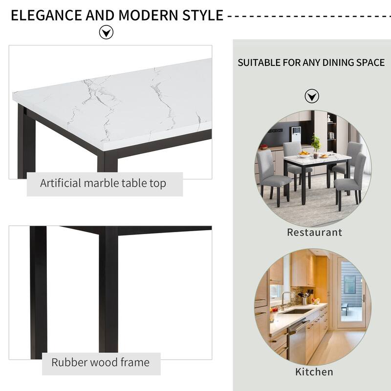 5 Piece Dining Table Set, Wooden Kitchen Dining Table Set with Faux Marble Dining Table and 4 Thicken Cushion Dining Chairs