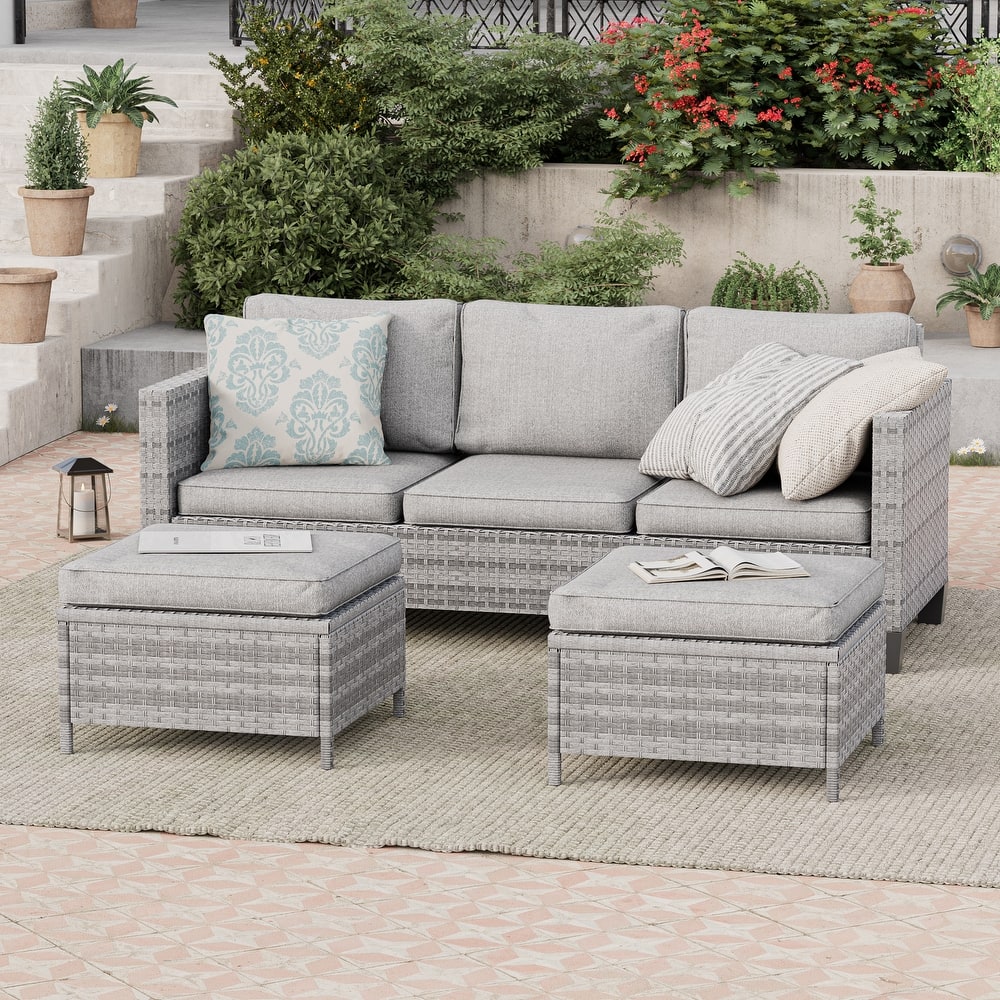 BONOSUKI 3-Piece Patio Sofa Set Grey Rattan Furniture with Ottomans