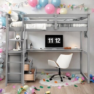 Full Size Loft Bed with Desk and Shelves, 2 Built-in Drawers, Gray