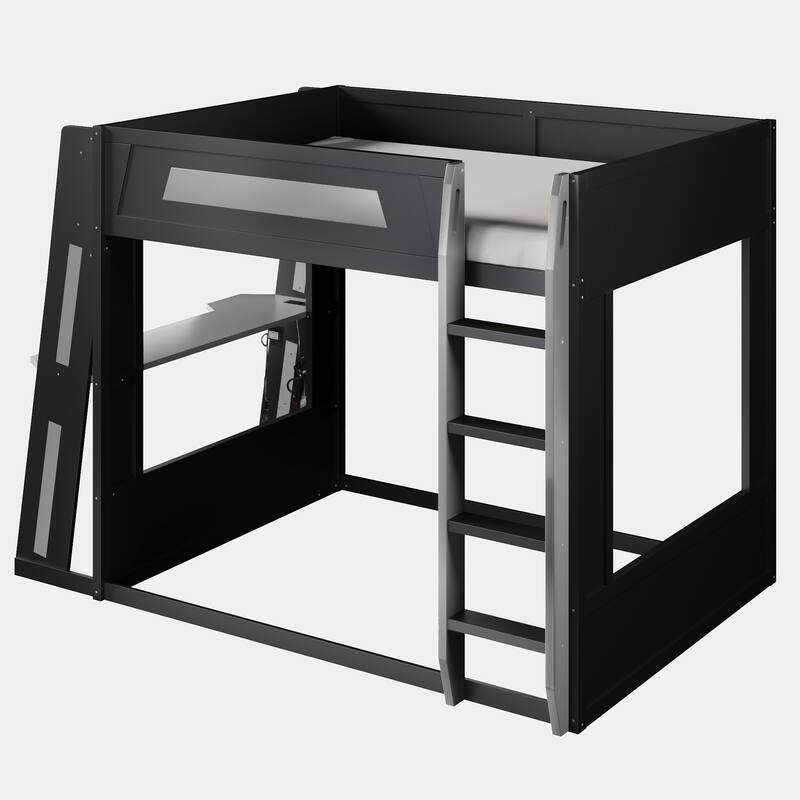 Gaming Bunk Bed with Computer Desk, Storage Shelves, USB Port and LED Strip Lighting, Esports Design, Wooden Gaming Bed