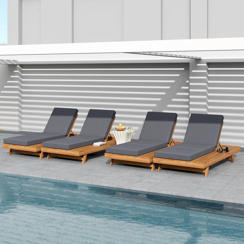 Roomfitters Outdoor Acacia Wood Chaise Lounge: Adjustable Sunbed with Built-in Side Table & Triple-Fold Dark Grey Cushion