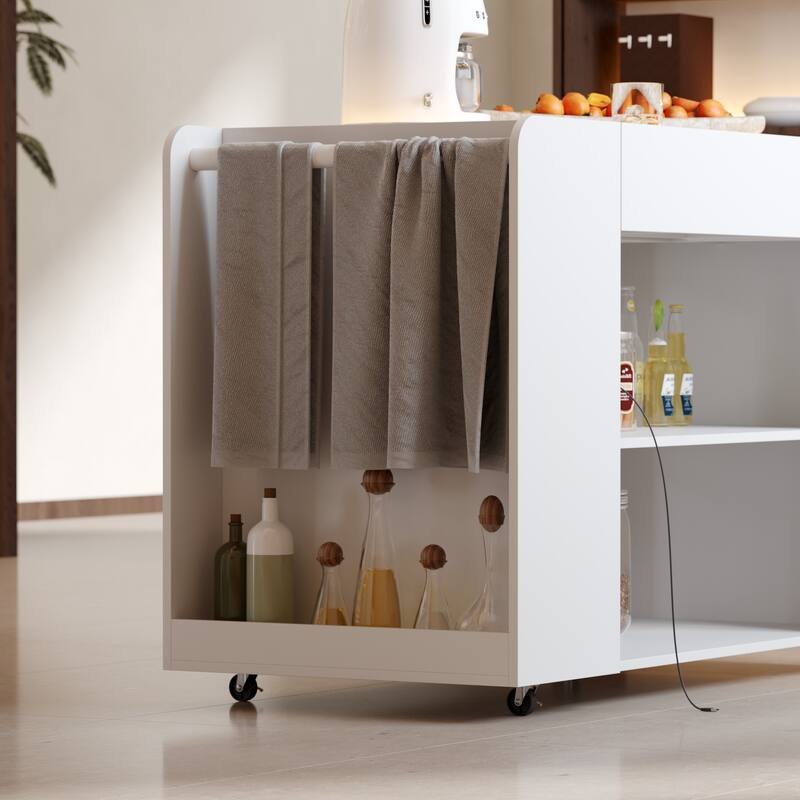 LED Kitchen Island with Tempered Glass Top, Rolling Storage Cabinet with 3-Color Lighting