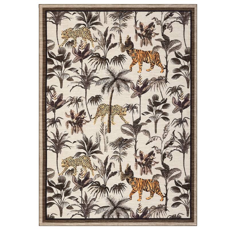 Living Room Rug Jungle Tiger Area Rug Plant Rugs Low Pile Non Shedding Soft Accent Carpet for Bedroom, Dining Room