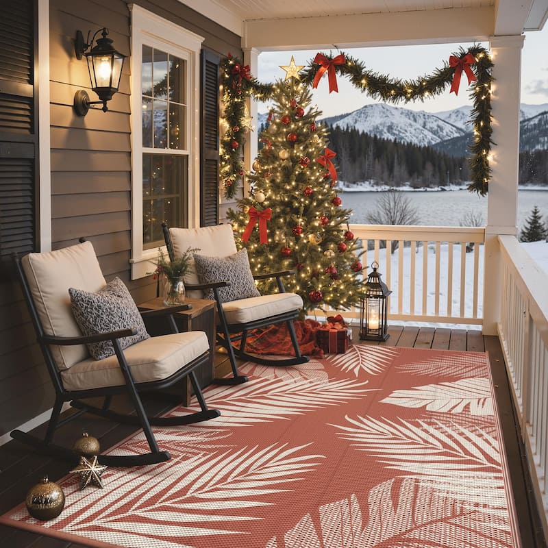 Reversible Outdoor Rug - Brick & Red Palm Leaf Design