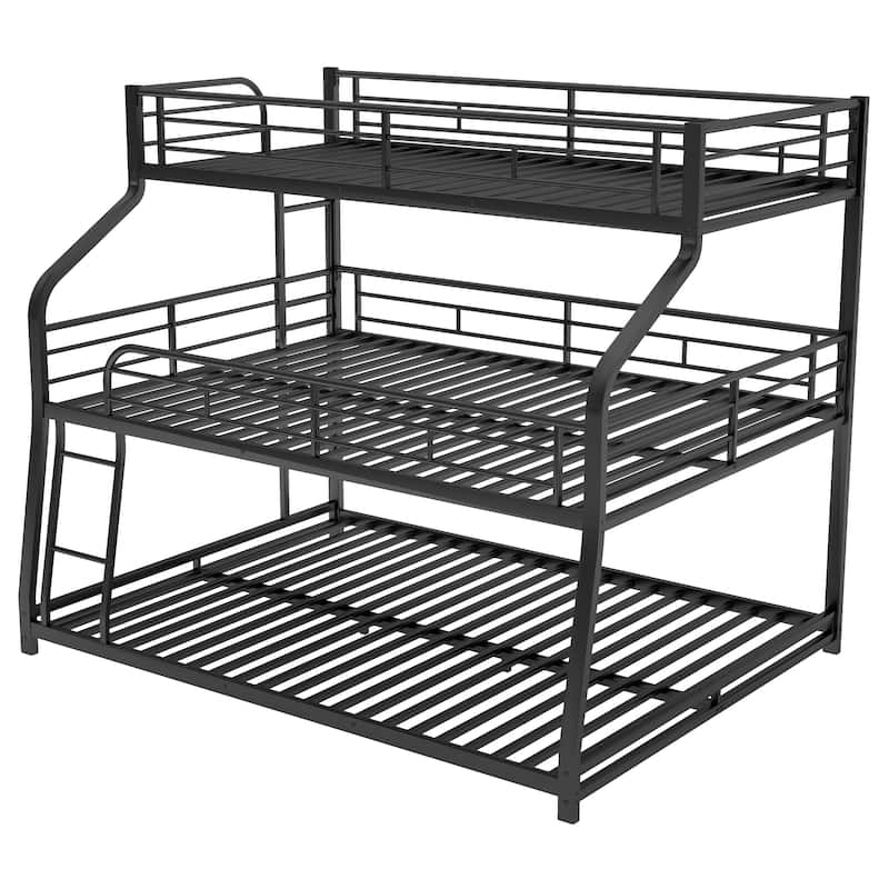 Triple Bunk Bed Twin XL/Full XL/Queen, Sturdy Metal Frame, Contemporary Design with Safety Guardrails and Built-in Ladder