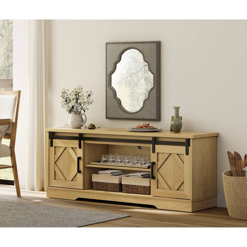 WAMPAT Sliding Barn Door 59-inch Wood TV Stand Storage Cabinet