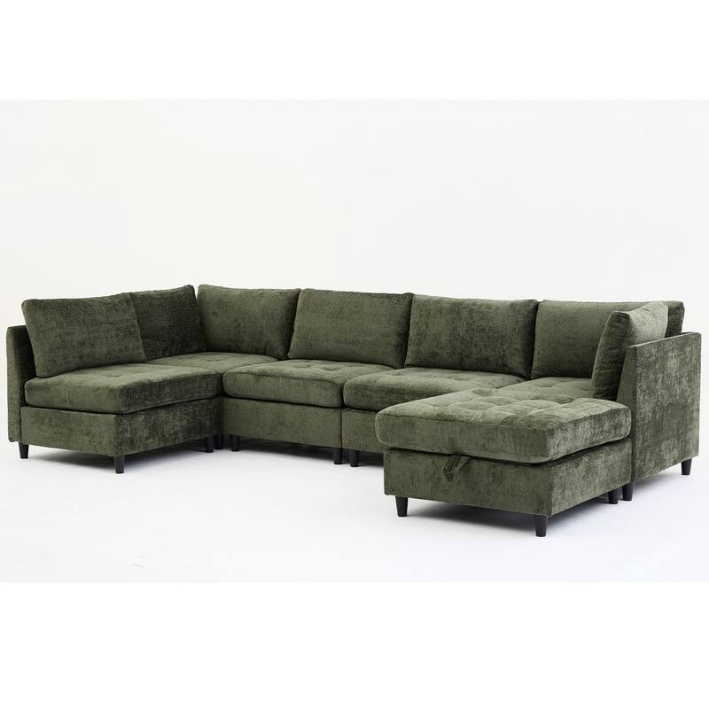 128" Chenille U-Shaped Modular Sectional Sofa with Storage Ottoman, Pocket Spring Support, and 6-Seat Configurable Design