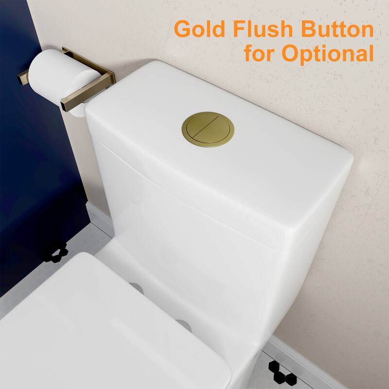 1 Piece High Efficiency Dual Flush Toilet White 0.8 1.28 GPF Seat Included Brushed Gold Button