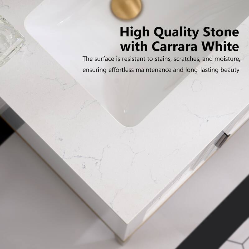 35''H Solid Wood Bath Vanity with Stain-resistant Carrera White Quartz Top and Sink