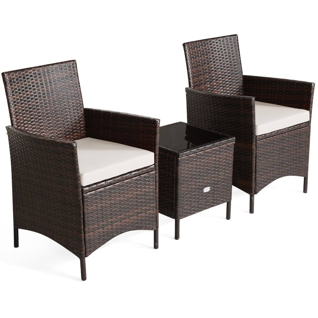 3 Pieces Patio Cushioned Rattan Converstaion Set With Glass Table Top