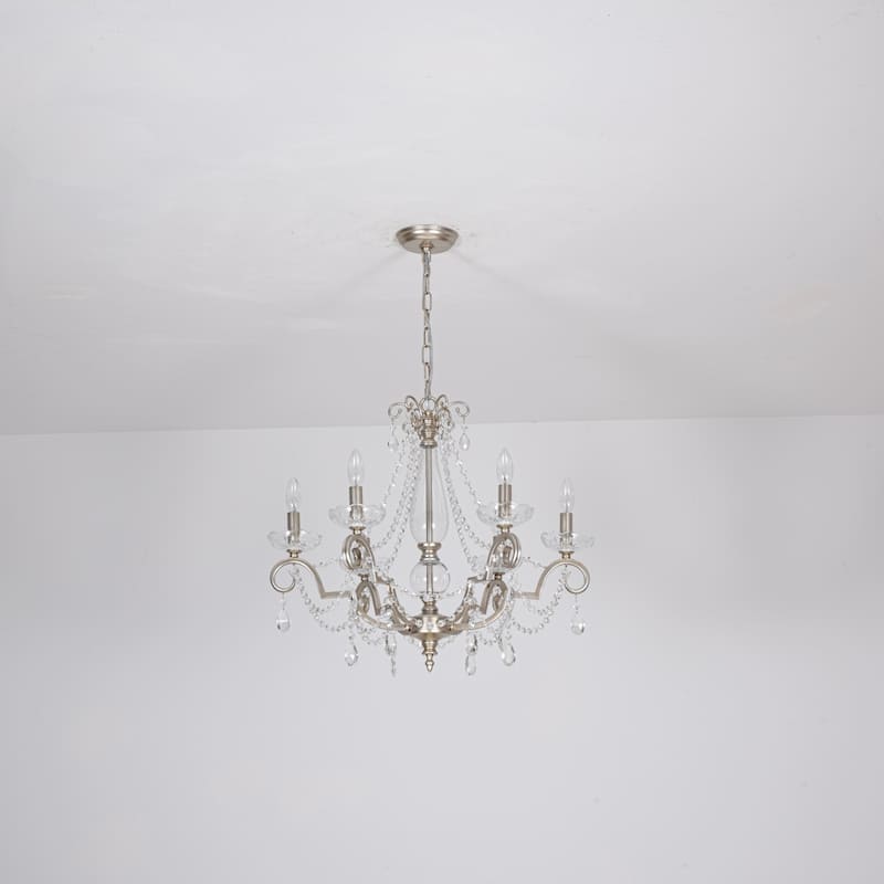 25.2" W Modern Luxury Crystal Beaded 6-Light Chandelier with Vintage Silver Finish and Candle Arms