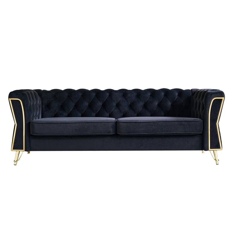 Tufted Velvet Sofa with Golden Metal Frame, Diamond-Stitched Design, and Foam Cushion for Living Room
