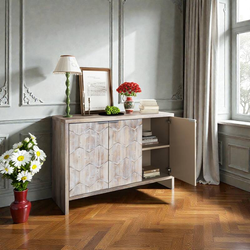 Farmhouse Accent Cabinet with Storage, 3 Door Wooden Sideboard Buffet with Adjustable Shelves, Natural Wood Wash