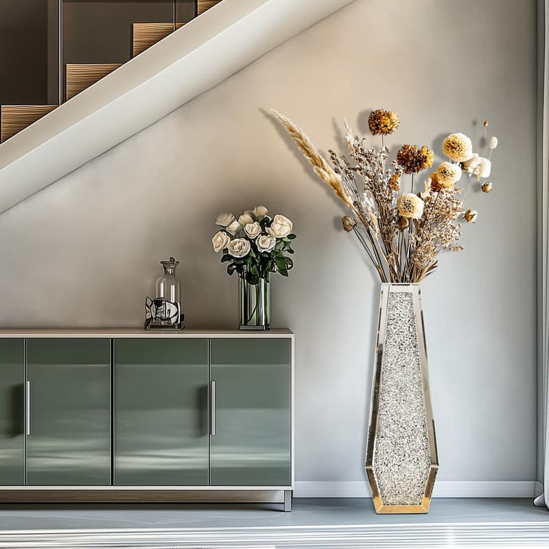Glam Tall Crushed Diamond Floor Vase Crystal Silver for Home Decor
