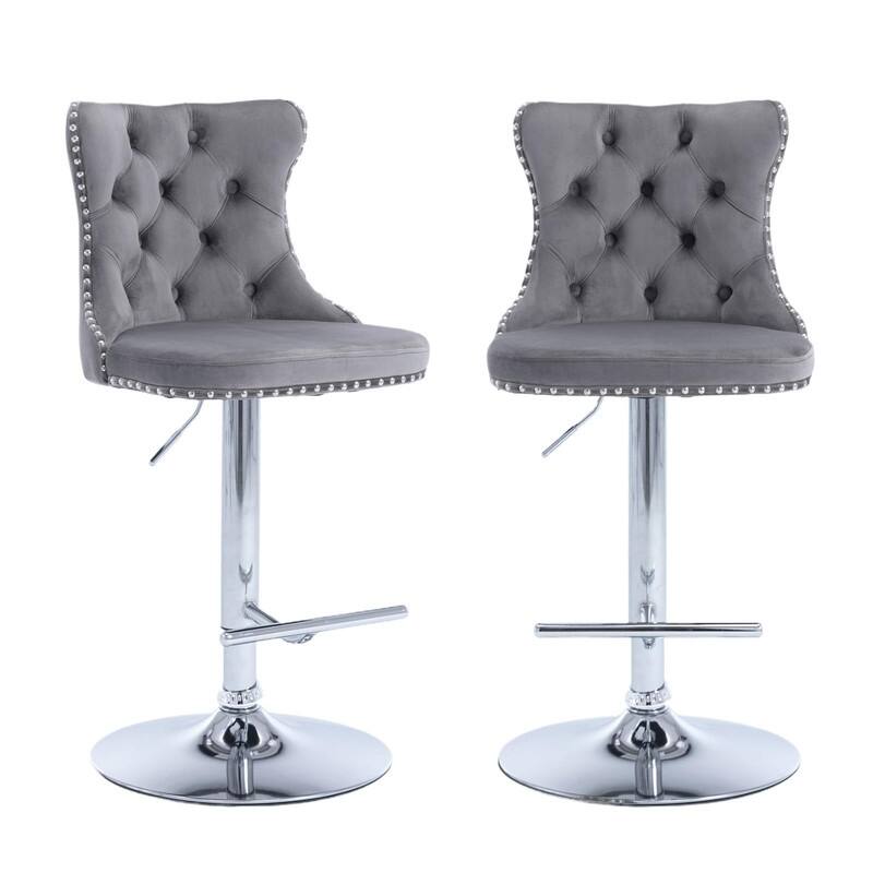 Velvet Upholstered Nailheads Tufted Swivel Bar Stools (Set of 2)