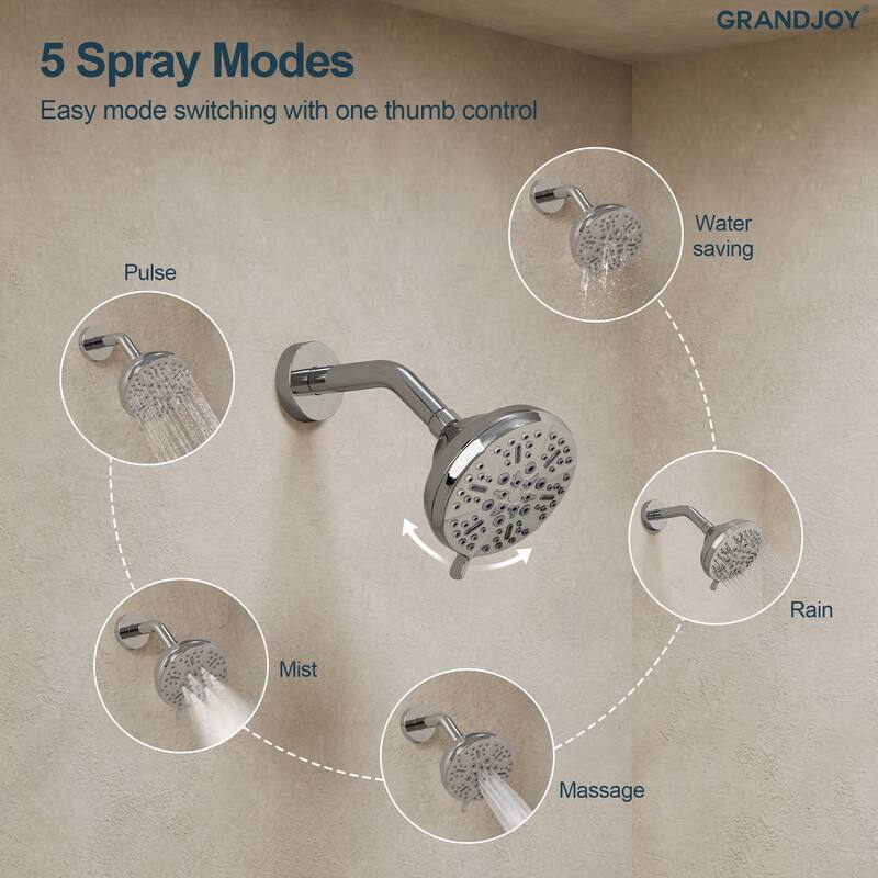 GRANDJOY 2-Function Shower System 5" High Pressure Shower Head and Tub Spout with Valve