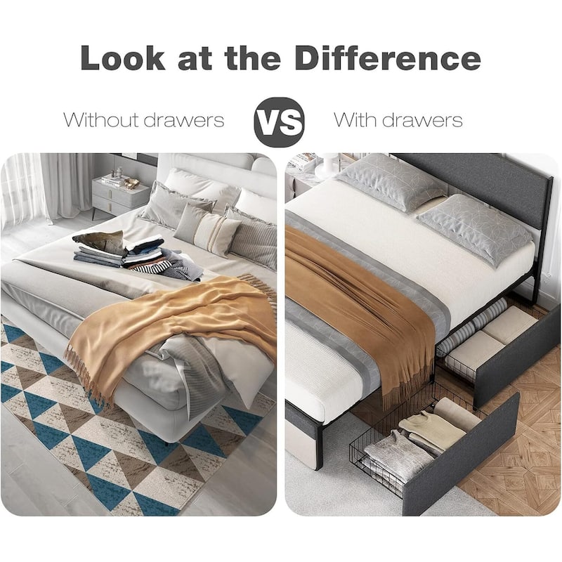 Bed Frame with 2 Storage Drawers Upholstered Platform Bed Frame