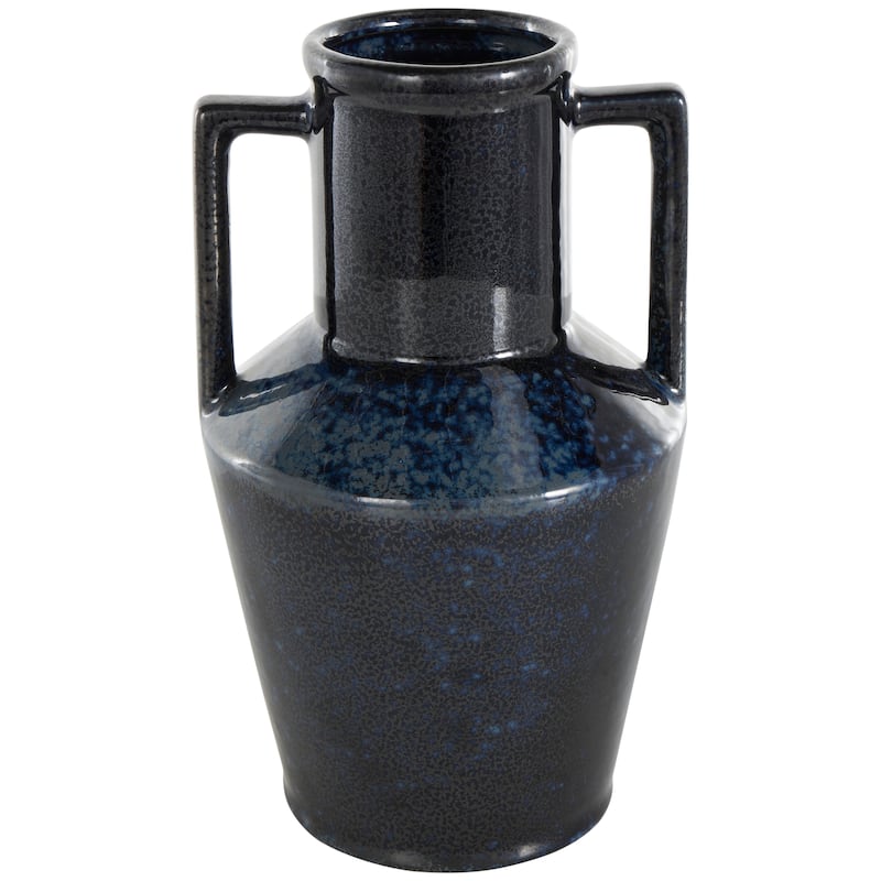 Dark Blue Ceramic Ombre Textured Decorative Vase with Rectangular Handles