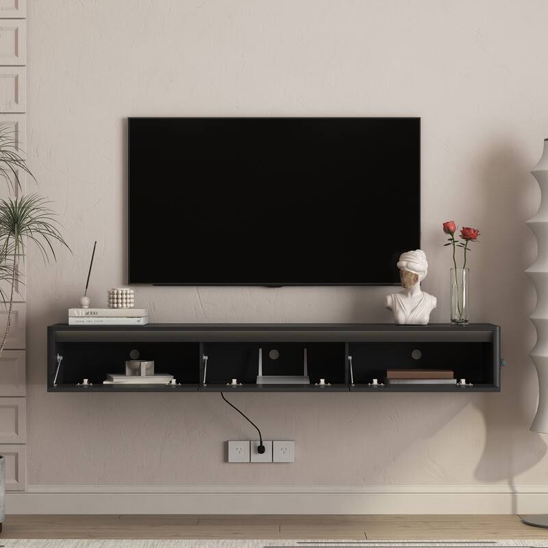 Floating LED TV Stand Wall Mounted TV Console, High Gloss TV Cabinet with LED Light & Power Outlet