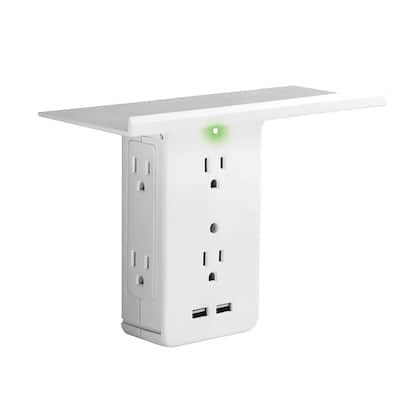 Wall Power Outlet Shelf - Electrical Socket Power Stand Holder - 6 Outlets & 2 USB Surge Protector
