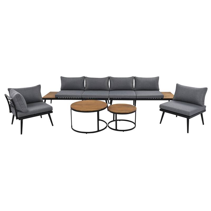 Grey Acacia Wood Outdoor Sectional Sofa Set with Round Nesting Coffee Tables