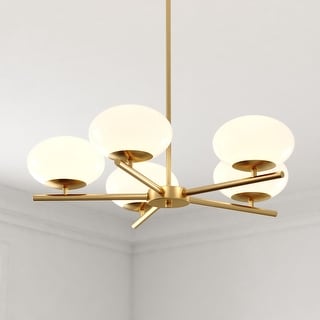 Sloane 5 Light LED Gold Satin Brass Mid-Century Modern Chandelier with White Glass Globes - 27-in W x 7-in H x 27-in D