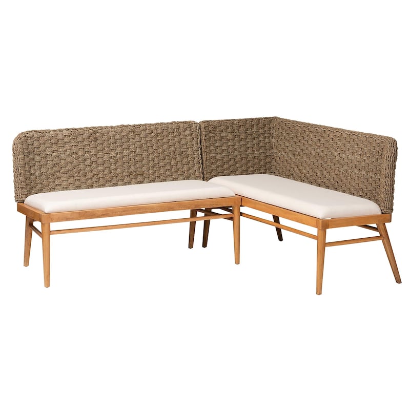Denver Modern Bohemian Natural Seagrass and Acacia Wood 2-Piece Dining Nook Banquette Set - Set of 2