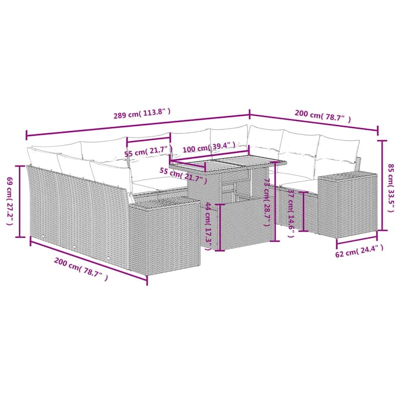 vidaXL Patio Sofa Set with Cushions Outdoor Furniture 10 Piece Poly Rattan - 24.4 x 24.4 x 27.2
