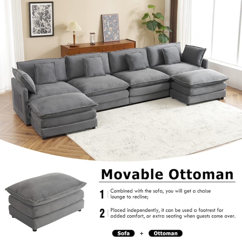 149.6" Corduroy U-Shaped Sectional Sofa with 2 Ottomans and Storage Pockets