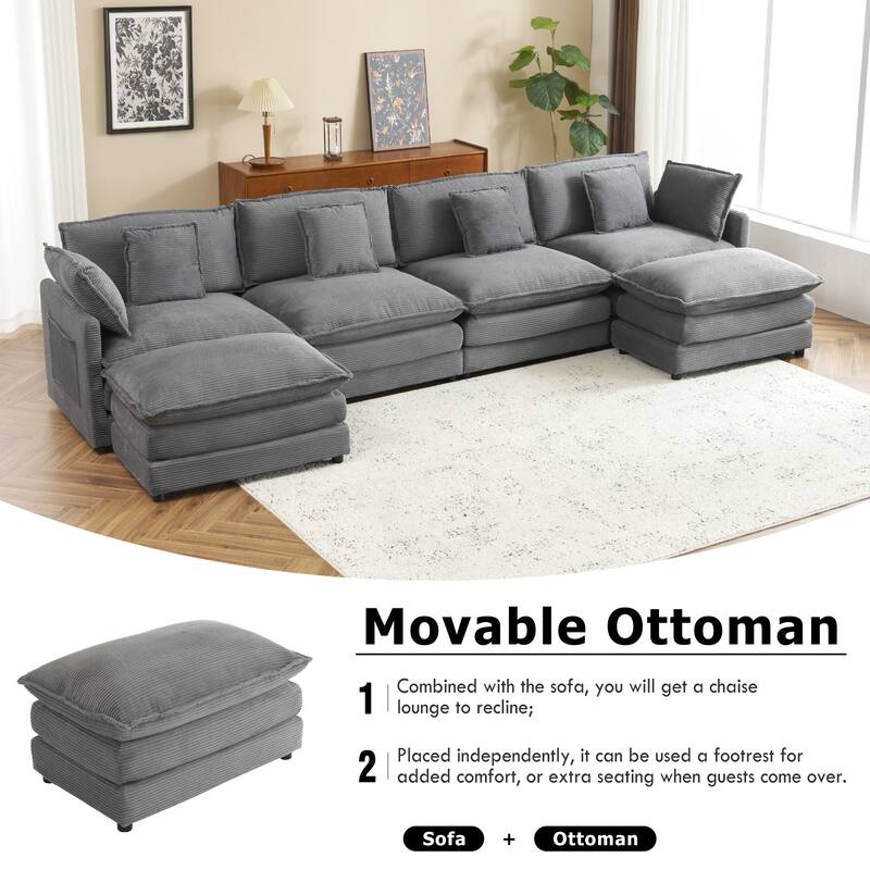 149.6" Corduroy U-Shaped Sectional Sofa with Ottomans