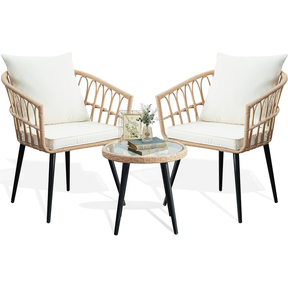 3-Piece Bistro Set, Wicker Table & Chairs for Balcony, Porch, Backyard, Poolside or Deck - Beige