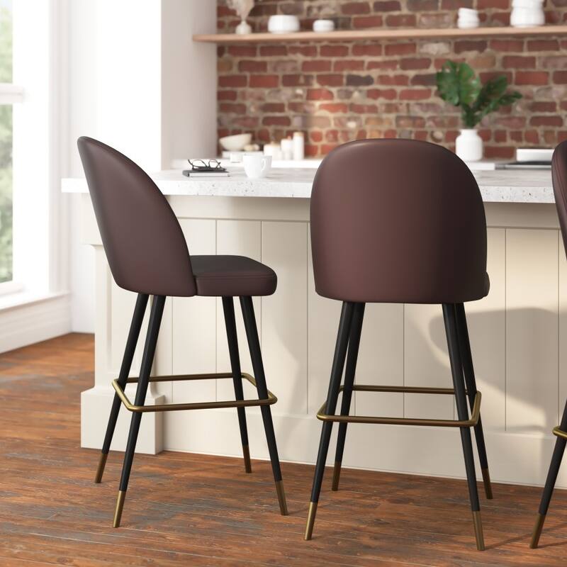 Modern Upholstered Barstools with Footrest and Steel Frame (Set of 2) - Brown Faux Leather