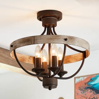 15.4" 4-Light Rustic Bronze Wood Semi-Flush Mount Ceiling Light - 15.4 in. D x 15.4 in. W x 14.6 in. H