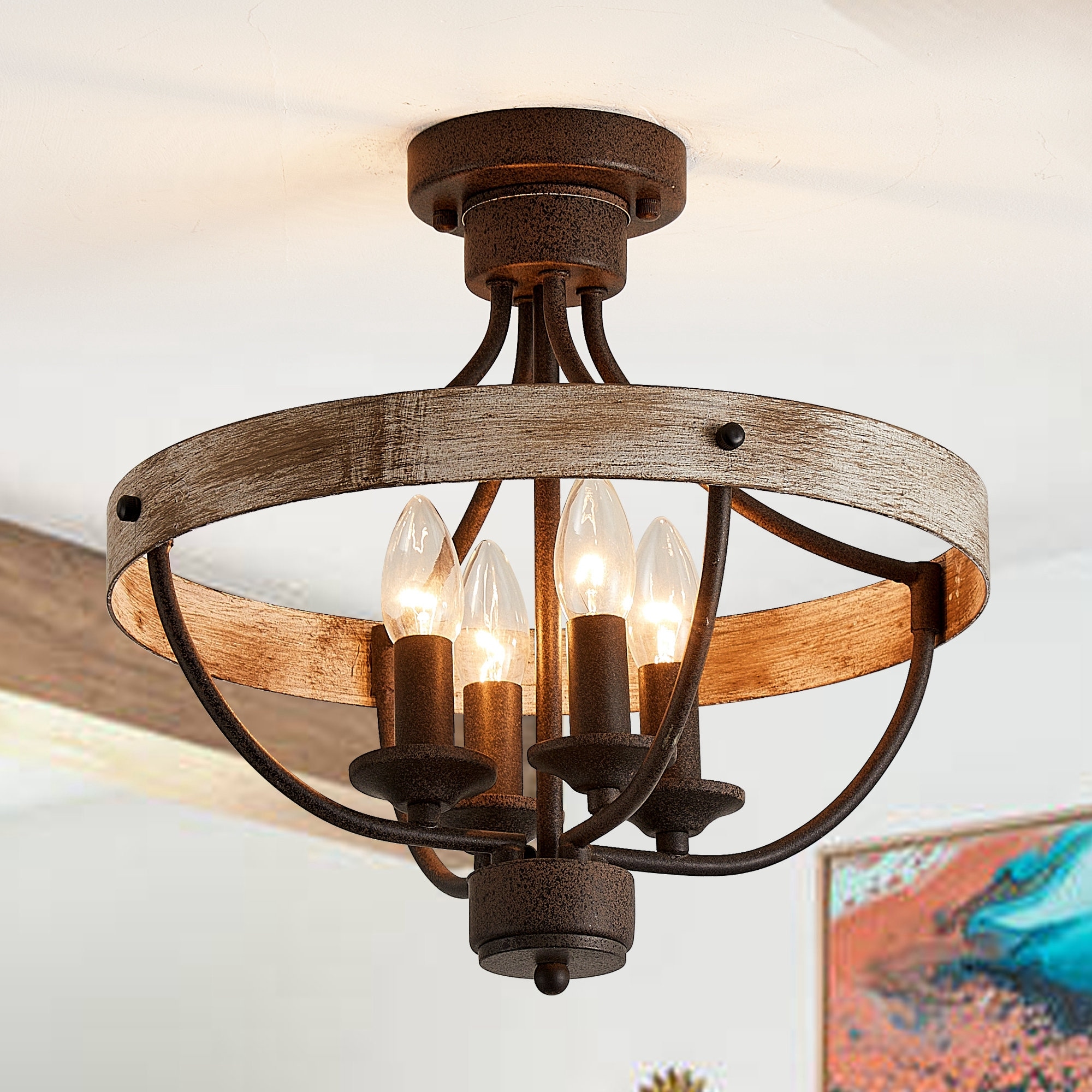 15.4" 4-Light Rustic Bronze Wood Semi-Flush Mount Ceiling Light - 15.4 in. D x 15.4 in. W x 14.6 in. H