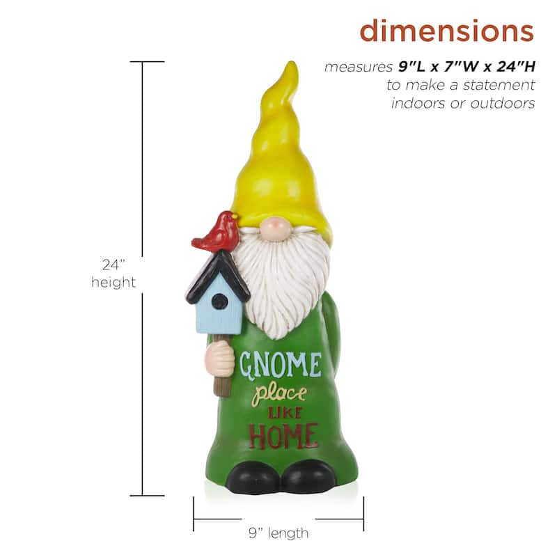 Alpine Corporation 24"H "Gnome Place Like Home" Indoor/Outdoor Garden Gnome Statue, Green/Yellow