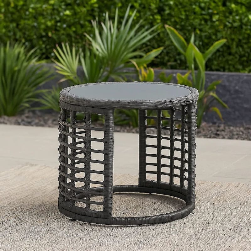 Outdoor Round Side End Table with Woven Accents, 18 Inch, Gray Rattan